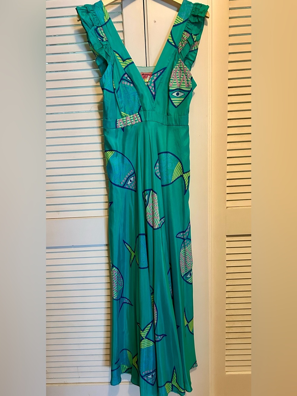 Silk Maxi dress schools out fish print from Anthropologie - Picture 4 of 10